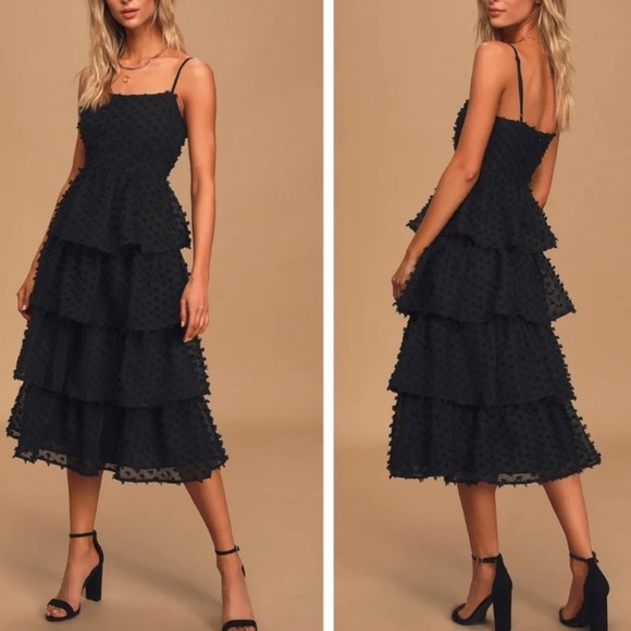 ❤️ Lulus Flirting with You Black Tiered Pom Pom Midi Dress - Picture 3 of 17